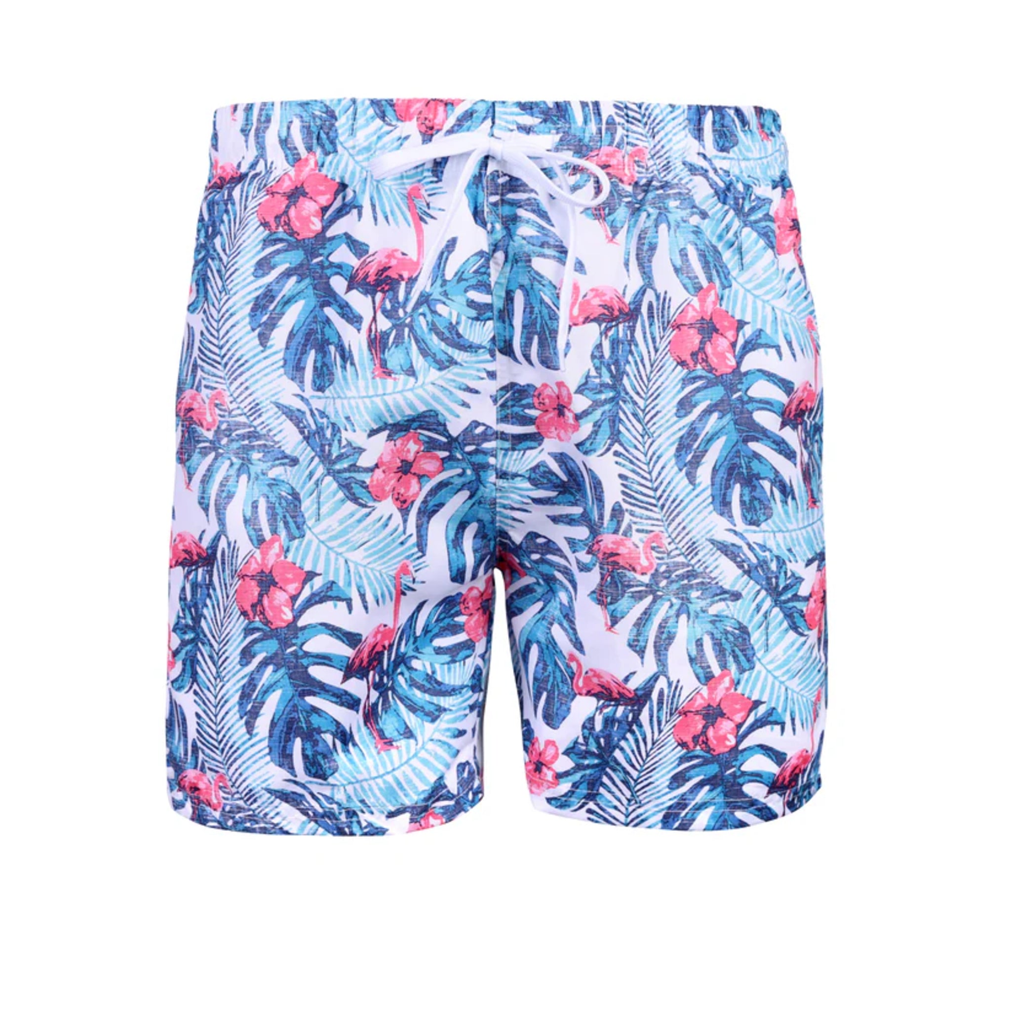 Men's white tropical swim shorts – blue leaf print with pink flamingos and flowers